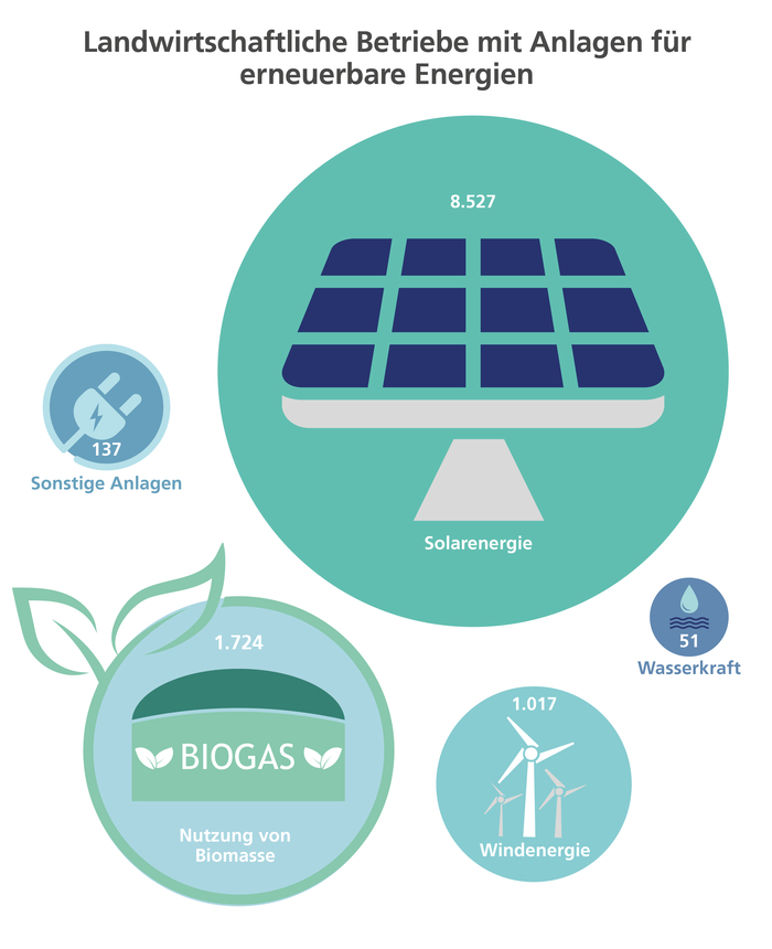 Landwirtschaftliche Betriebe mit Anlagen für erneuerbare Energien. Solarenergie an erster Stelle (8527 Betrie-be)